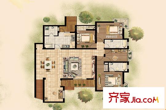 上尚缘A1户型 一层 4室2厅2卫1厨