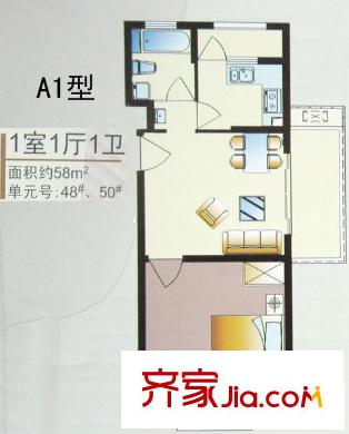 自然居家园户型图A1型 1室1厅1卫1厨
