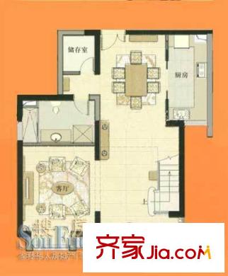 绿洲湖畔花园户型图复式一层户型 1室2厅1厨