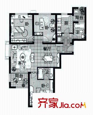 今達(dá)花園戶型圖戶型圖 3室2廳2衛(wèi)1廚