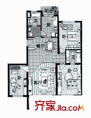 今達(dá)花園戶型圖戶型圖 3室2廳2衛(wèi)1廚