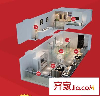 底特律财富天地公寓户型图二期02,05,07-12,17-22室A型50平 3室2厅1卫1厨