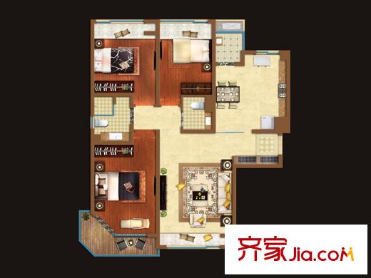 陸家嘴錦繡前城122平方米戶型圖 3室2廳2衛(wèi)1廚