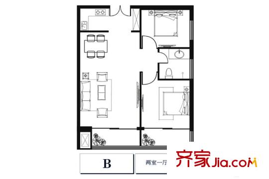 匯藝悅公館B戶型 2室1廳1衛(wèi)1廚