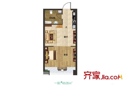正商佳仕閣43.05平米Loft三房戶型第1層 3室1廳1衛(wèi)1廚