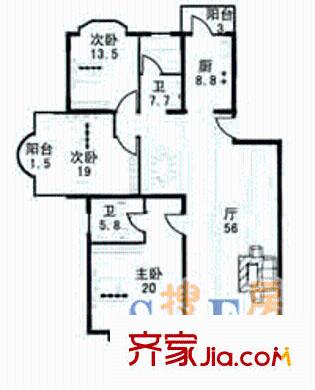海上新月户型图3室2厅2卫1厨