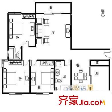 建工天峰公寓户型图户型图 3室2厅2卫1厨