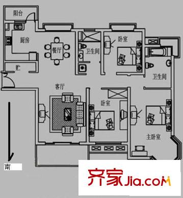 雍江星座戶型圖戶型圖 3室2廳2衛(wèi)1廚