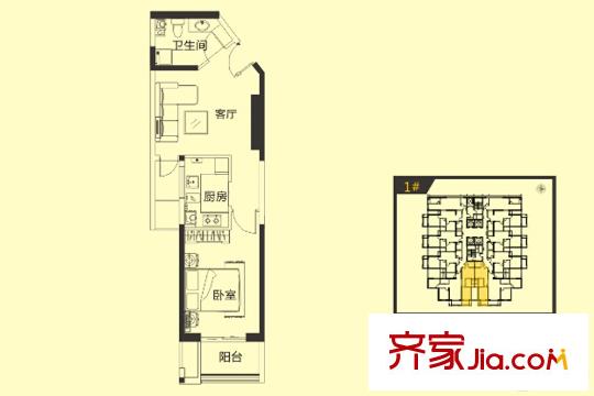 威望未來城悅居B2戶型 1室1廳1衛(wèi)1廚