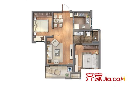 上实海上荟79平A1户型图 2室2厅1卫1厨