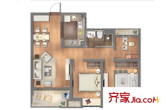 上实海上荟88平B1户型图 3室2厅1卫1厨