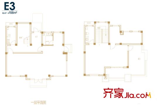 上实海上荟商墅198平E3户型图 1室1厅1卫1厨