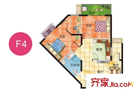 蜜糖2號(hào)公寓樓F4戶型 2室2廳1衛(wèi)1廚