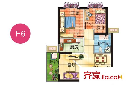 蜜糖2號(hào)公寓樓F6戶型 2室2廳1衛(wèi)1廚