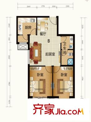 天和嘉园1号楼B户型 2室2厅1卫1厨