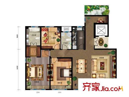 蓝爵公馆B户型 3室3厅2卫1厨
