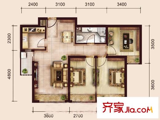 珠江东都国际7、9号楼B户型 3室2厅1卫1厨