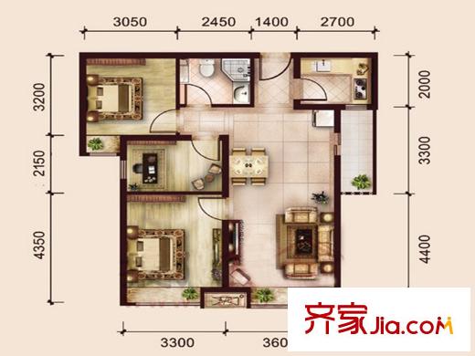 珠江东都国际7、9号楼A2户型 3室2厅1卫1厨