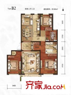 万年生态城・园博府B2户型图 4室2厅2卫1厨