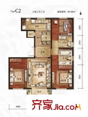 万年生态城・园博府C2户型图 3室2厅2卫1厨