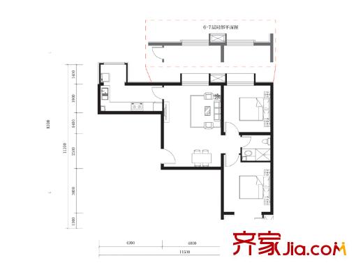 红杉公馆15#22#楼E户型(售罄) 2室2厅1卫1厨