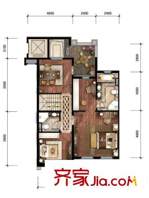 中海・红杉溪谷上叠私密起居层户型图 3室5厅3卫2厨