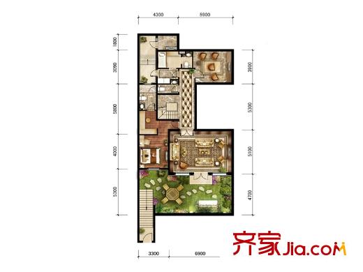 中海・红杉溪谷联排D户型地下一层户型图 4室6厅4卫1厨