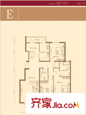 京洲世家4号楼E户型 3室2厅2卫1厨
