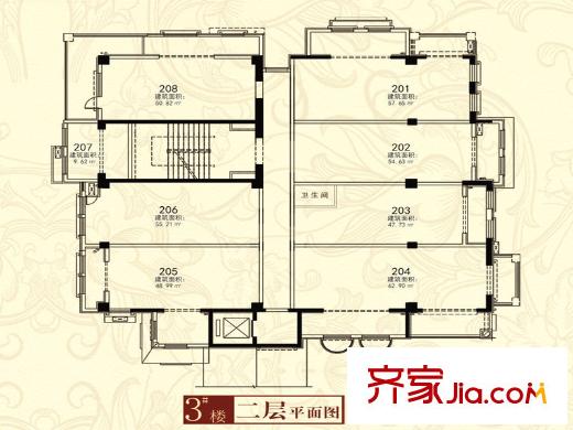 卢卡新天地一期3号楼二层平面图 8室1卫