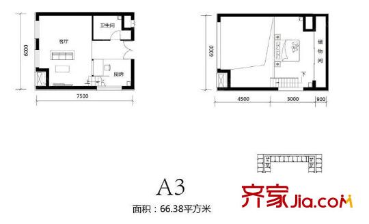 北京城建・N次方21#综合楼A3户型(售罄) 1室1厅1卫1厨