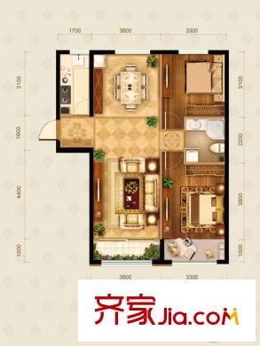 通州万达广场D区2号楼G户型 2室2厅1卫1厨