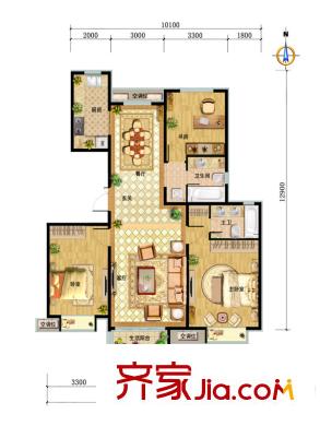 中国铁建・北京山语城二期D1户型 3室2厅2卫1厨