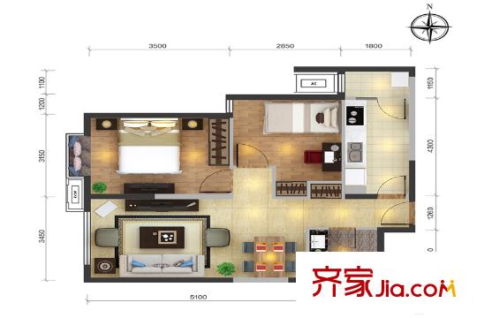 富力惠兰美居两居户型(售罄) 2室2厅1卫1厨