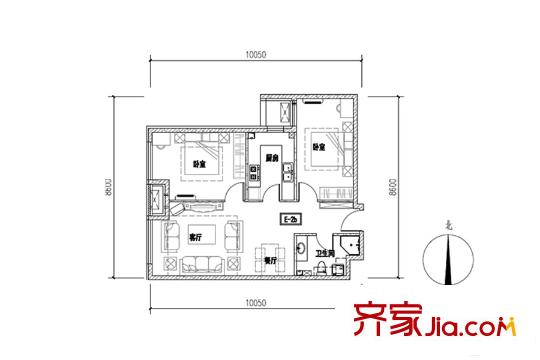 润景园6#楼E-2b户型 2室2厅2卫1厨