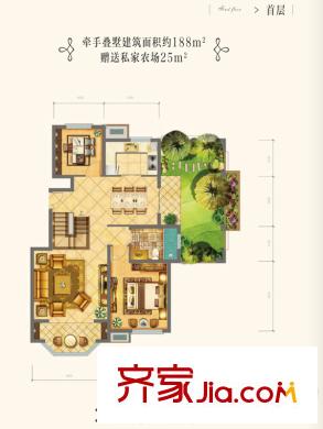 华银・天鹅湖中叠端户首层户型图 3室2厅3卫1厨
