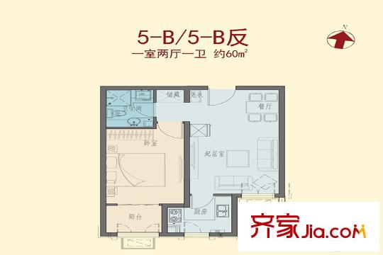 龙冠・冠华苑5-B/5-B反户型 1室2厅1卫1厨