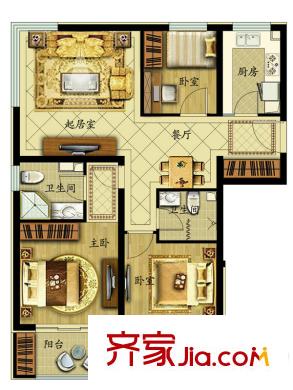首开・熙悦山澜庭97平米3居户型(售完) 3室2厅2卫1厨