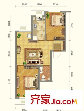韩建青春平方米B2户型 2室2厅1卫1厨