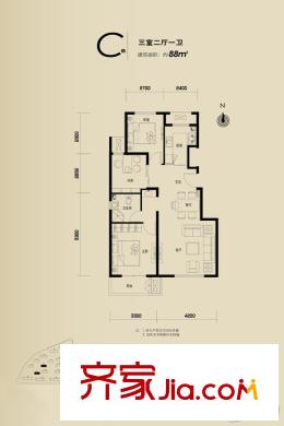 首开缇香郡C偶户型三居 3室2厅1卫1厨