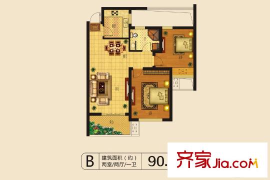 印象奉化b户型 2室2厅1卫1厨