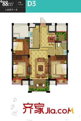 祥盛明湖灣7#樓D3戶型 3室2廳1衛(wèi)1廚