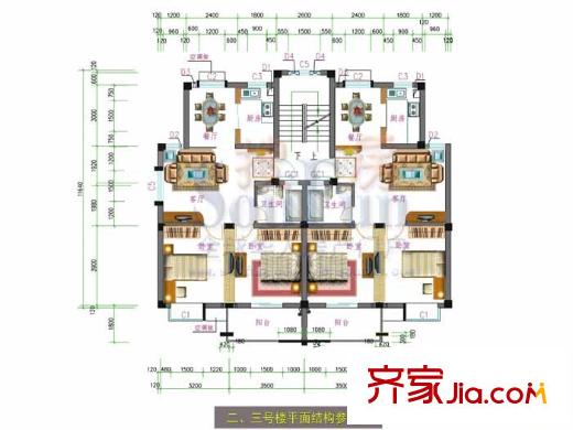 圓峰名居戶型圖二、三號樓平面圖 2室2廳1衛(wèi)1廚