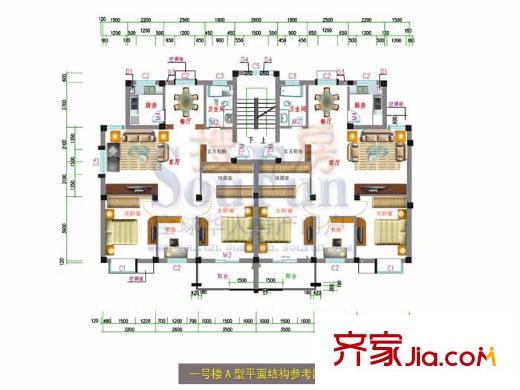 圓峰名居戶型圖一號樓A型平面結構圖 4室4廳2衛(wèi)1廚