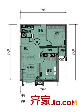 东洲家园1-6号楼中间户B户型 1室1厅1卫1厨