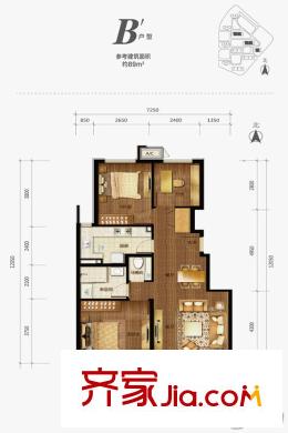 首开万科城市之光2#B'户型 3室2厅1卫1厨