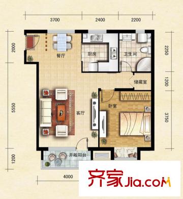 领秀慧谷A2户型(售罄) 1室2厅1卫1厨