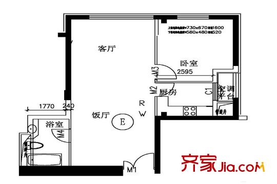 丽都十号E户型 1室1厅1卫1厨