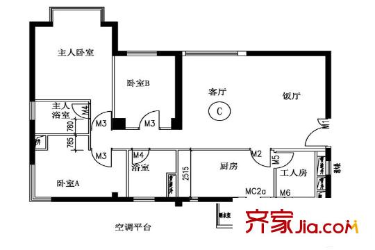 丽都十号C户型 3室2厅2卫1厨