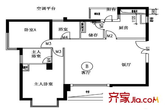 丽都十号B户型 2室2厅2卫1厨