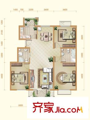 恒华安纳湖逸景三居户型 3室2厅2卫1厨